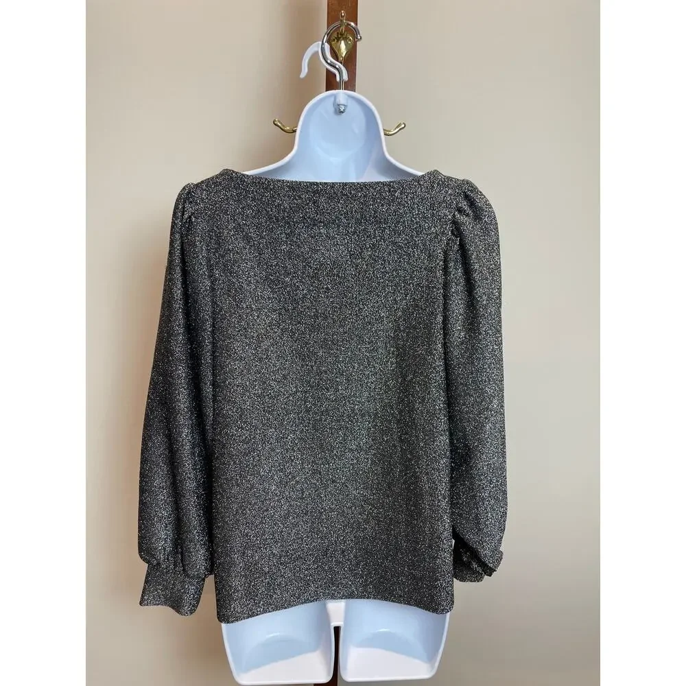 Loft Size M Black Long Sleeve Top with Silver Sparkle Detail